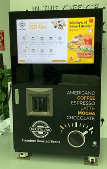 Smart coffee vending machine offering hot / cold / iced beverages with mobile payment